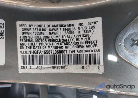 2007 Honda Civic Lx z USA, uszkodzony, nr VIN 1HGFA16587L068007